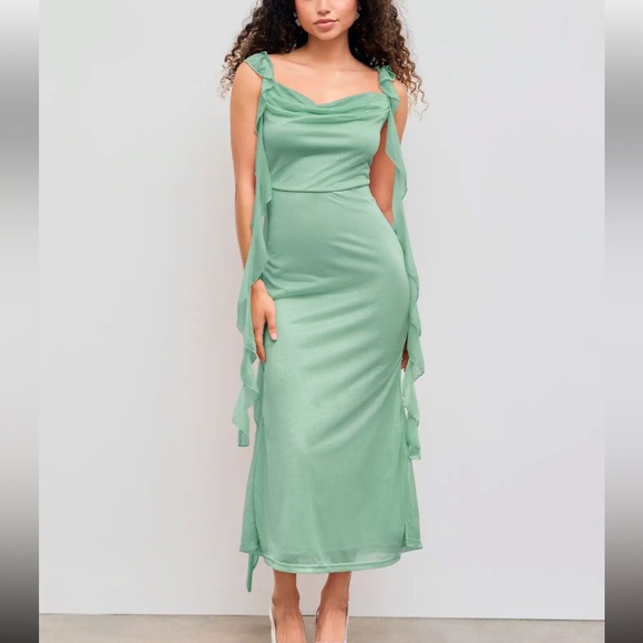 Cider Dresses & Skirts - Sage Green Sequins Cowl Neck Midi Dress